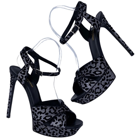 Yves Saint Laurent Paris Sandal Glitter Silver Leopard Leather Stiletto Size 10 - Picture 1 of 15